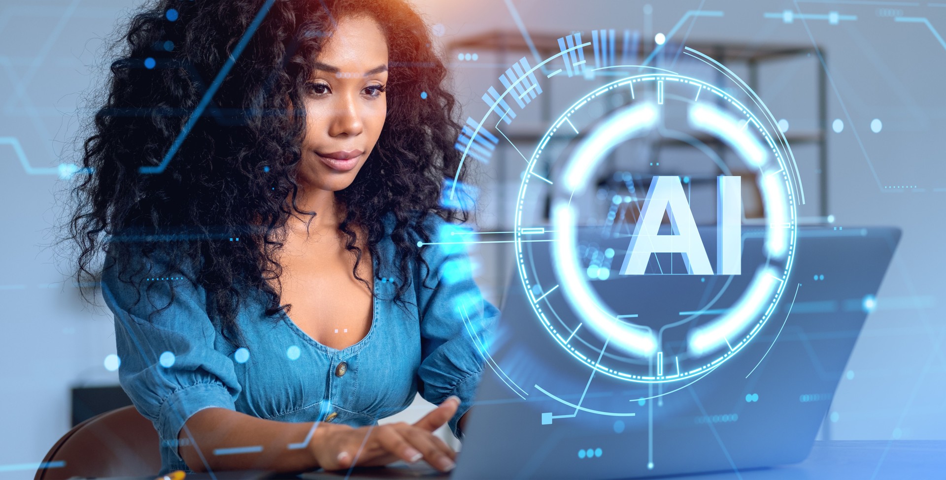 African woman with laptop, AI interface