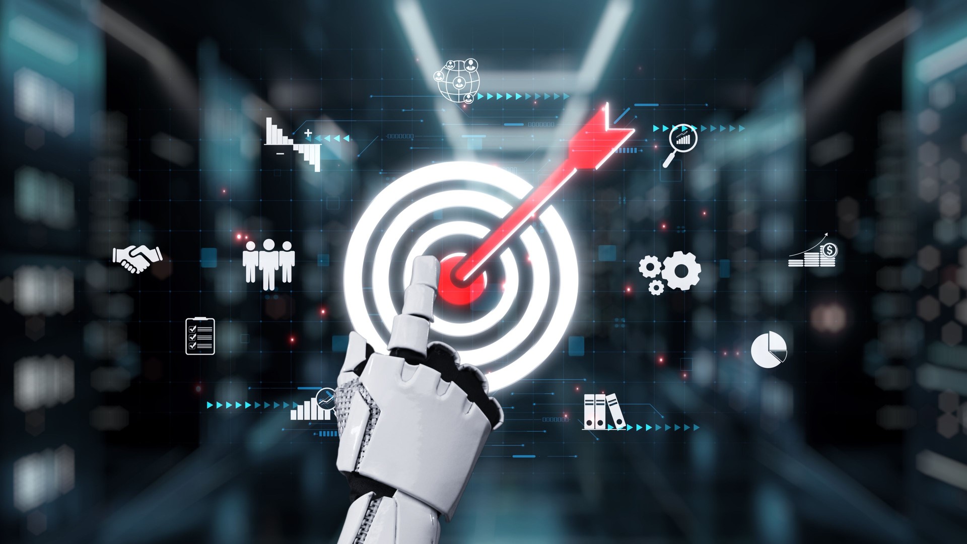 Futuristic robotic hand targeting business goals with digital analytics and technology symbols in a high-tech environment. Auvana