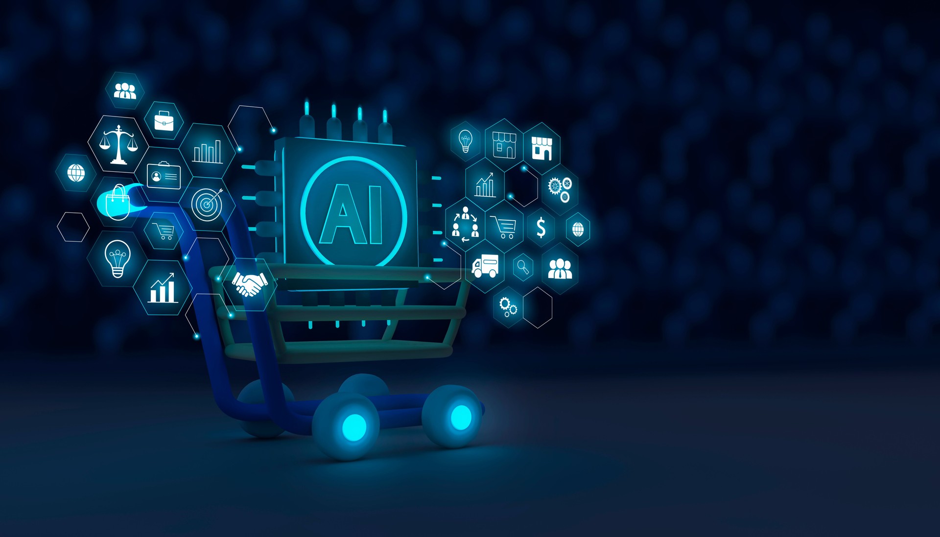 Marketing concept with the use of artificial intelligence, AI business development system. Shopping cart with AI chip and marketing icons. Shopping cart with depth of field and space for text